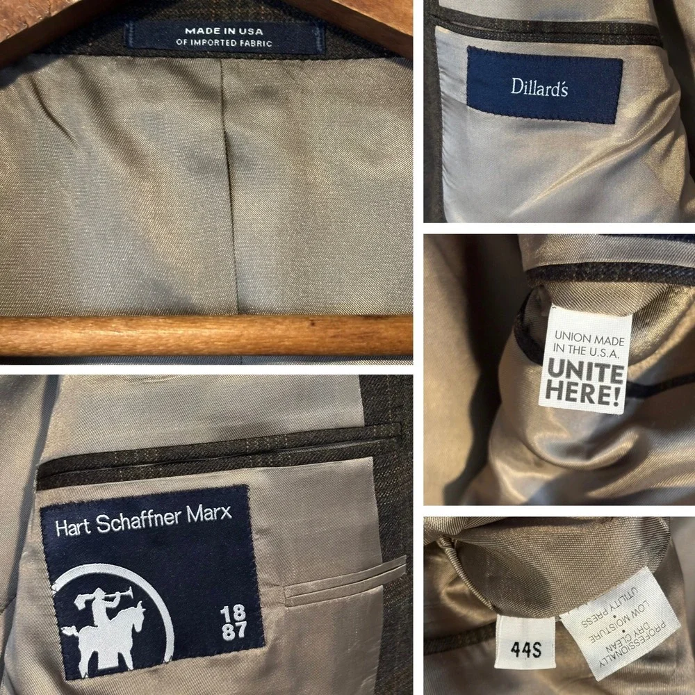 Hart Schaffner Marx Men's 44S Blazer Sport Coat Brown Plaid Wool‎ Blend USA Made